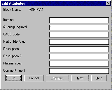 Screen display of parts list attributes